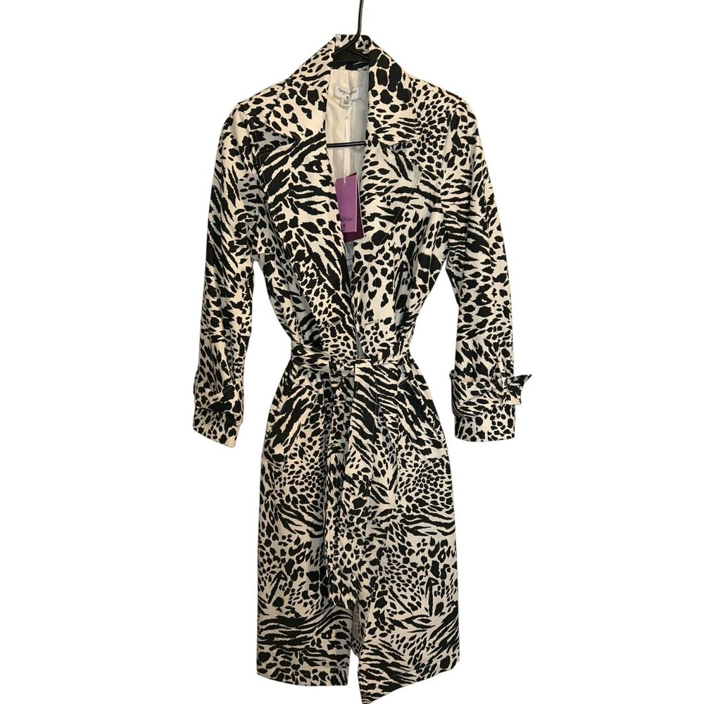 584 Sergio Hudson Animal Print Belted Trench Coat Black Cream Statement Jacket